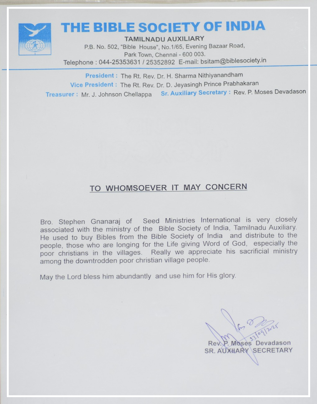 Bible Society of India letter of recognition for Seed Ministries International Scripture distribution partnership, September 2025